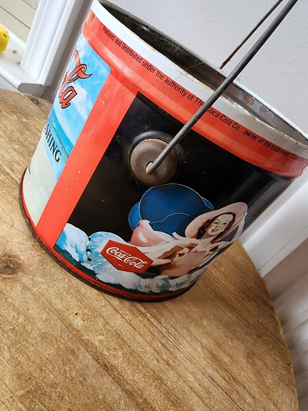 Vintage Coca Cola Old Fashioned Ladies at Beach Lidded Wire Handle Round Tin Can